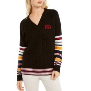 Tommy Hilfiger Black V-Neck Sweater with Colorful Striped Sleeves